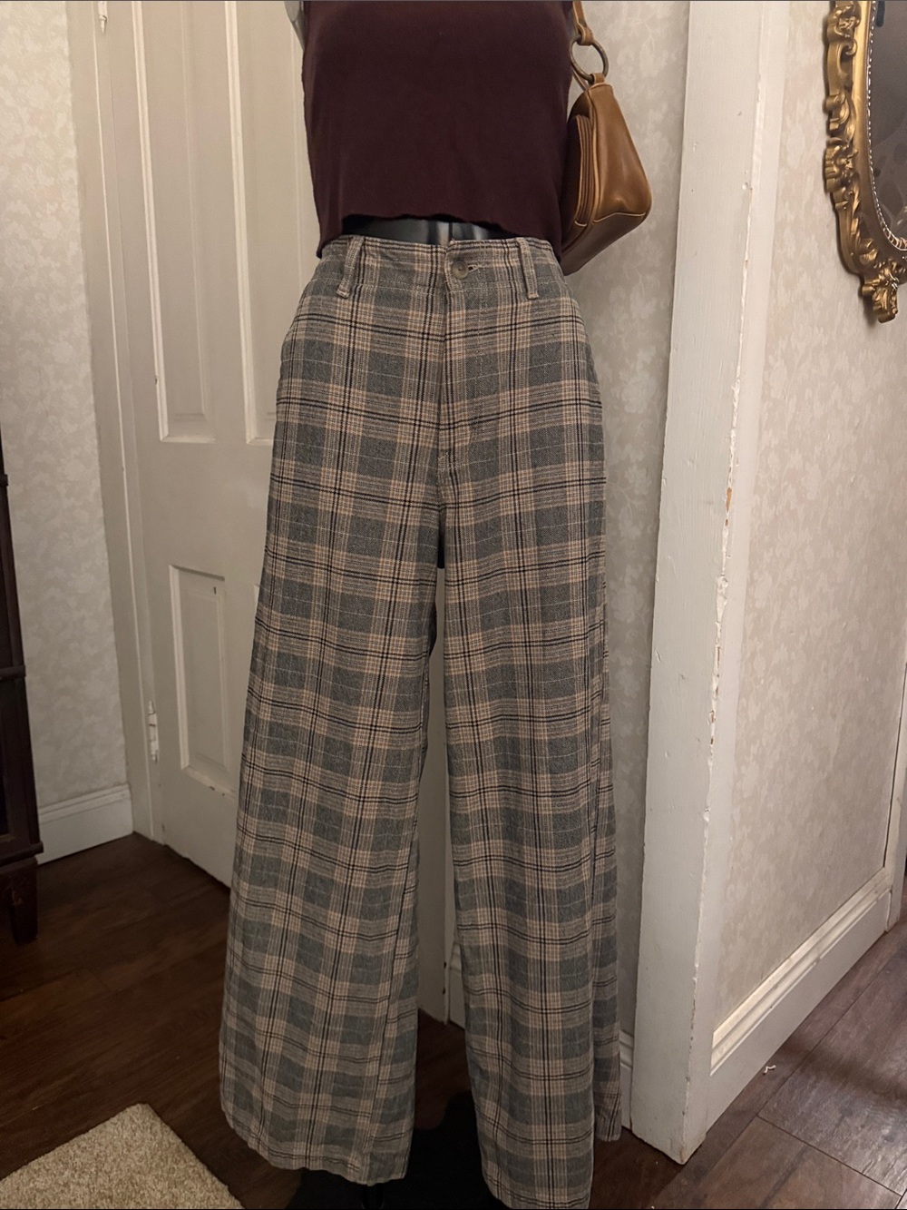 American Eagle Sage Tan Plaid High Rise Wide Leg Trousers Academia Size 10